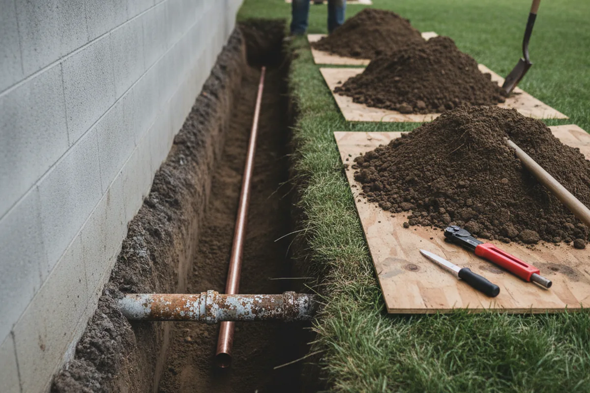 Excavated water line trench during Sewer Line Repair in Paris